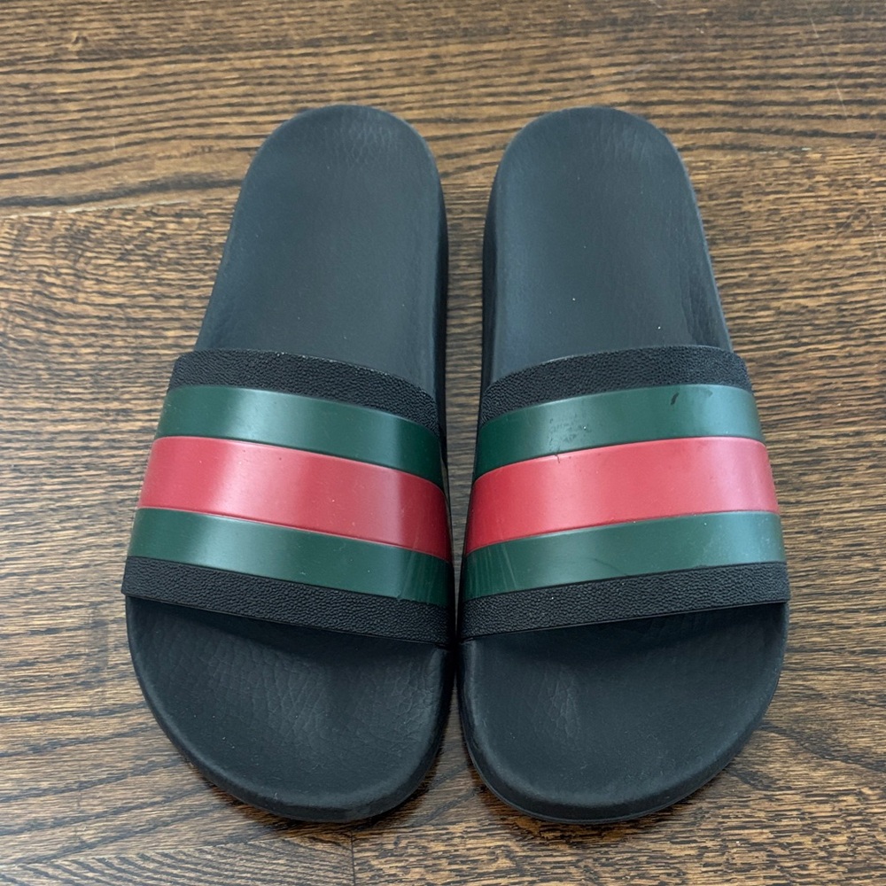 Gucci Black Slides with Red and Green Bands